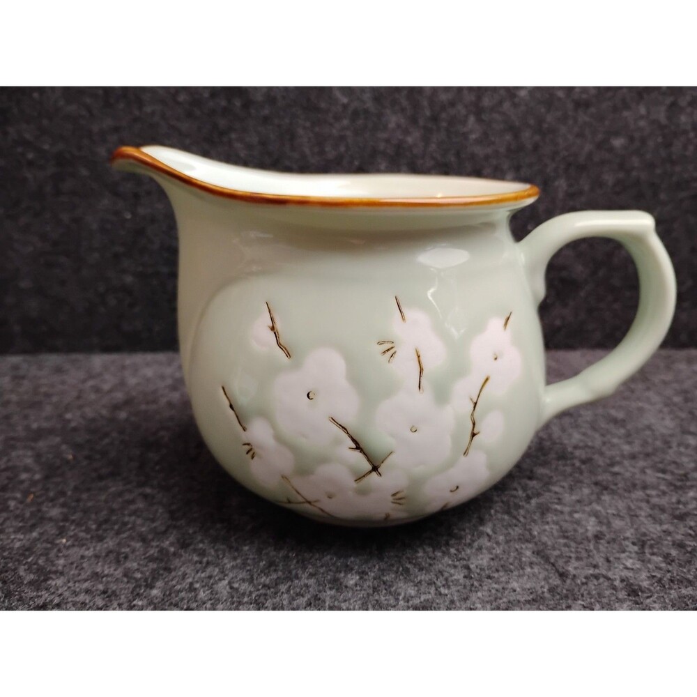 Nantucket Home Porcelain Creamer Pitcher Pale Green w Cherry Blossom Flowers MCM